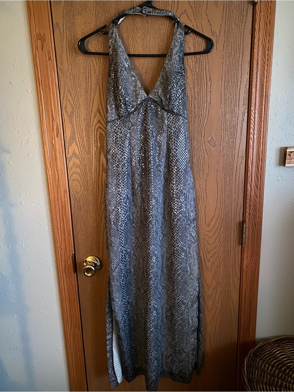Backless Halter Maxi Dress in Metallic Gray